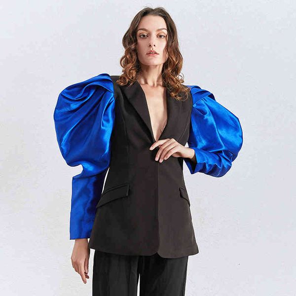 

women's suits & blazers twotwinstyle patchwork hit color puff long sleeve notched ruched female autumn fashion style clothing tj1s, White;black