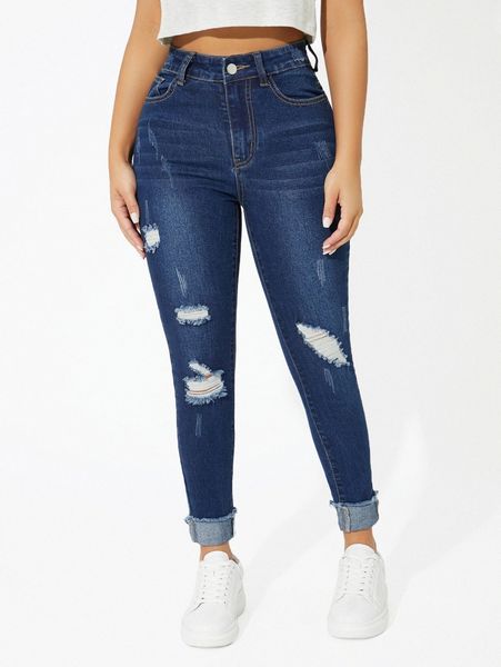 

petite ripped roll up raw hem skinny jeans l22l#, Blue