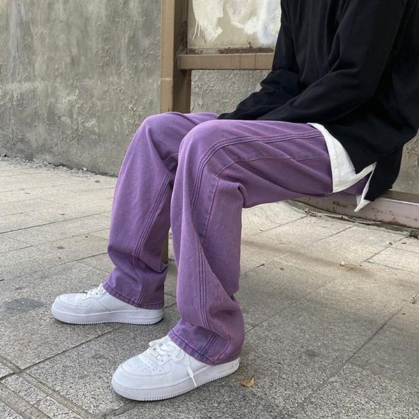 

new men's fashion solid color straight denim pants trousers mid waist stylish casual oversized loose wide leg jeans, 5xl, Blue