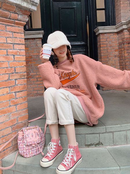 

pink pullover sweater women's fall / winter 2020 new korean loose and versatile plush thickened student's foreign style, Black