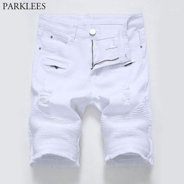 

2020 summer men's white ripped biker jeans shorts casual pleated zipper stretch denim shorts male knee length jeans homme1, White;black
