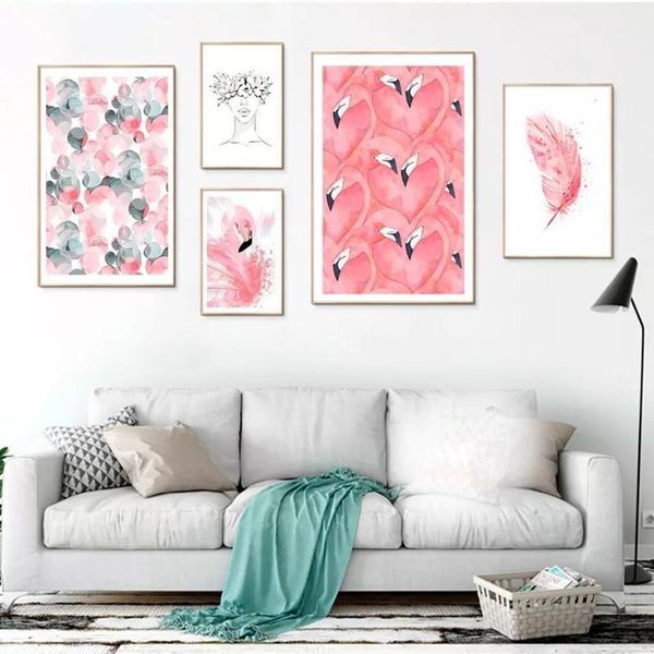 

beautiful pink flamingo feather posters abstract figure canvas painting prints wall art pictures girls room home decor gift1