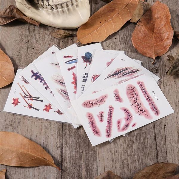 

8 листов татуировки фальшивки хэллоуин украшения временные татуировки кровоточащей раной шрам крови лезвие бритвы для партии косплей a3 bbyh