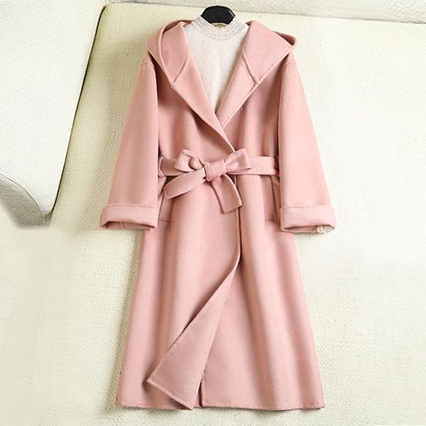 

women's wool & blends 2021 coat for women double sided cashmere spring korean hooded mid long lace up tweed, Black