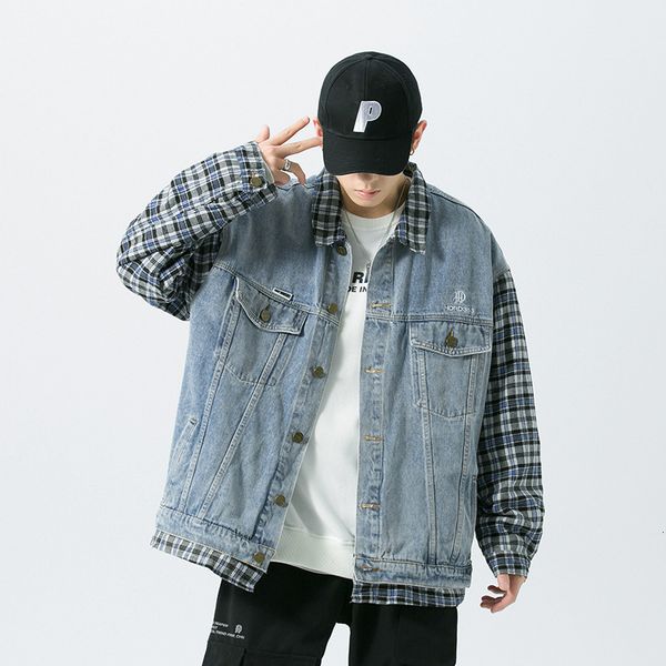 

spring and autumn plaid fake two denim coats men's brand plus fat size loose jacket korean fashion top, Black;brown