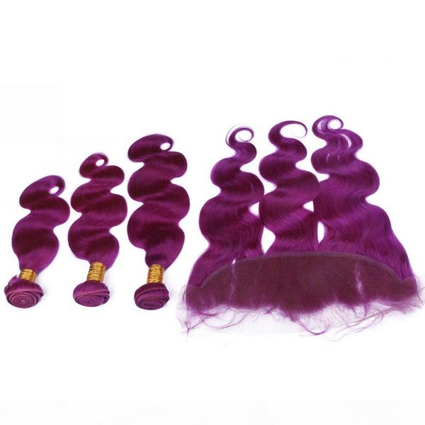 

body wave pure purple indian human hair weave bundles with frontal colored purple 13x4 full lace frontal closure with virgin hair wefts, Black;brown