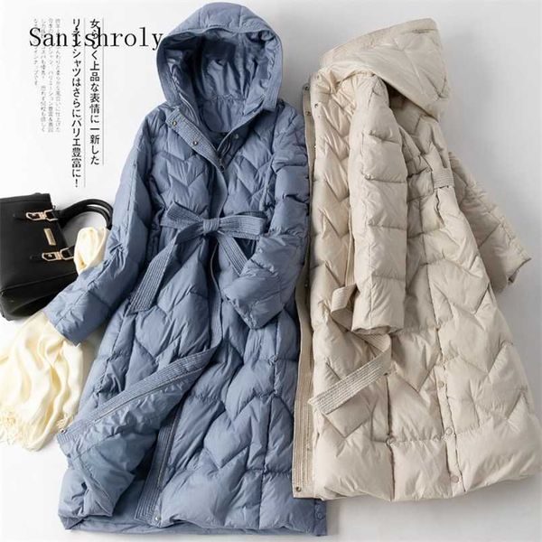 

sanishroly winter warm thicken white duck down jacket women with sashes long coat parka female hooded outerwears plus size s1031 211221, Black
