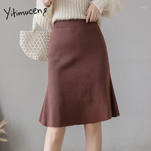 

yitimuceng new skirts womens skinny korean vintage split a-line harajuku knitted casual empire elegant fashio midi skirt women1, Black