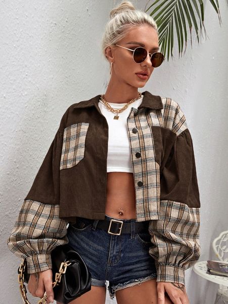 

tartan panel corduroy crop shacket g6vx#, Black;brown