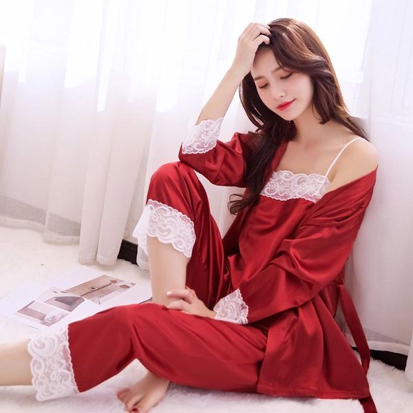 

chinese style bride wedding pajamas women's pyjamas set satin 3pcs sleepwear lace intimate lingerie kimono bathrobe gown1, Black;red