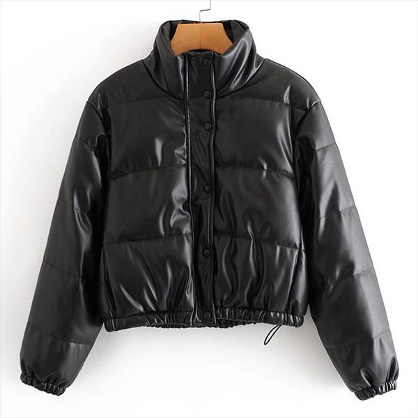 

rr winter thick stand collar parkas women fashion black coats women elegant pu leather short cotton jackets female ladies hn