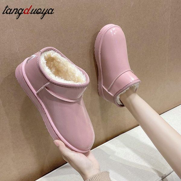 

pink winter boots women waterproof snow boots warm plush shoes botas mujer 2020 pu leather ankle women ins platform, Black