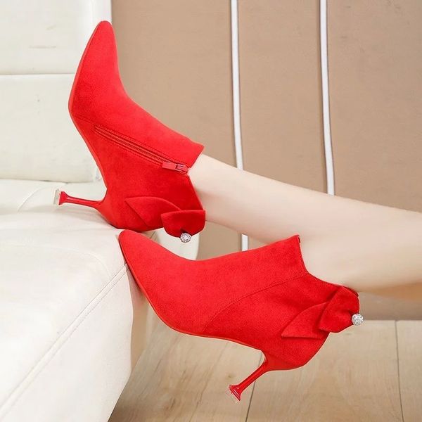 

Winter Autumn Women Bare Boots High Heels Ankle Boots Flock Pumps Back Bow Dress Shoes Pointed Toe Thin Heel botas mujer 8884N #ZX4y, Black