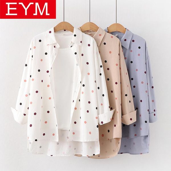 

2019 autumn new women blouses fresh style loose women polka dot print blouse cotton casual long sleeve shirts lady blusas1, White
