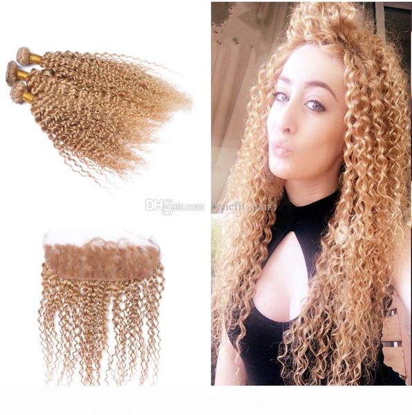 

honey blonde 27 kinky завитые human 3bundles волос с кружевом фронтальная kinky завитые 27 уток волос с уха до уха фронтальным 13x4, Black