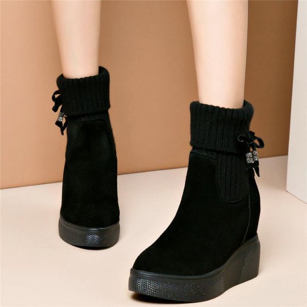 

fashion sneakers women genuine leather wedges high heel pumps shoes female high pointed toe platform trainers casual shoes, Black