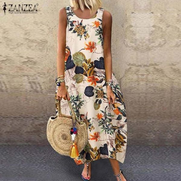 

zanzea long dress summer dress women vintage sleeveless floral printed cotton linen sundress baggy beach vestido sarafans 5xl1, Black;gray