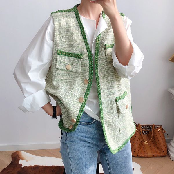 

2021 new autumn coat green v-neck sleeveless vintage style vest for women chaleco mujer gilet feminino 0493, Black;white