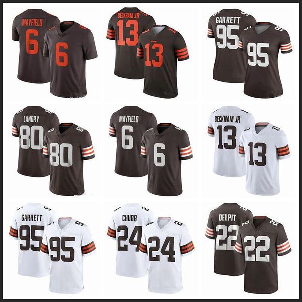 

2021 mens 6 baker mayfield 24 nick chubb football jerseys 95 myles garrett 80 jarvis landry 21 denzel ward 13 beckham jr, Black;red