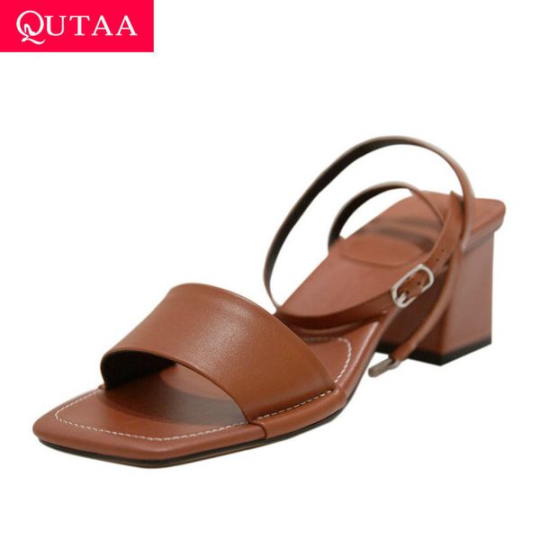 

qutaa 2020 quality cow leather concise women shoes open-toed summer buckle sandals square heel slingback ladies pumps size 34-39 y200702, Black