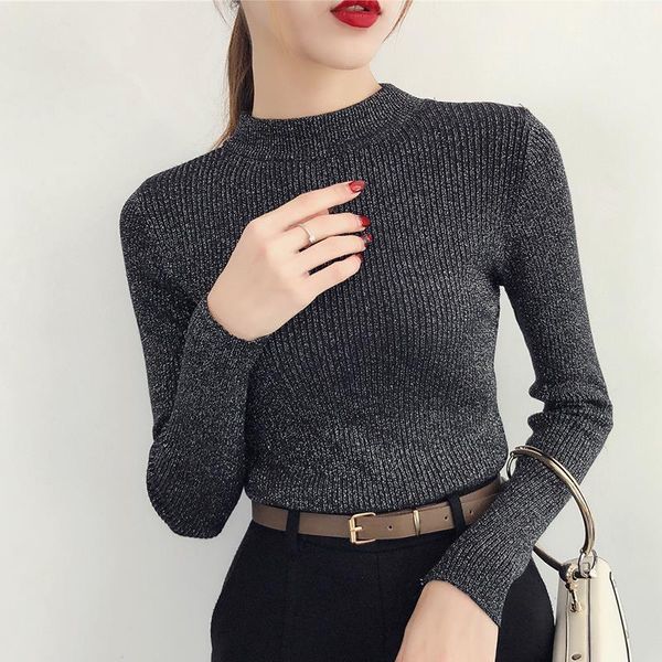 

long sleeve sweater women shiny autumn winter pullover korean style knitted turtleneck woman basic sweaters 2021 femme, White;black