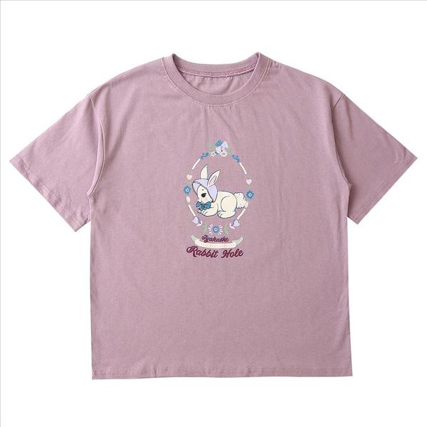 

korean summer women loose t shirt purple short sleeve garlands sweet rabbit print girls teen loose tee tshirt, White