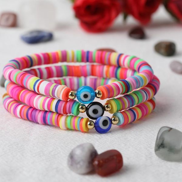 

10pcs 6mm black blue evil eye coin beads rainbow polymer clay disc heishi beads elastic string bracelet women bracelet jewelry, Golden;silver