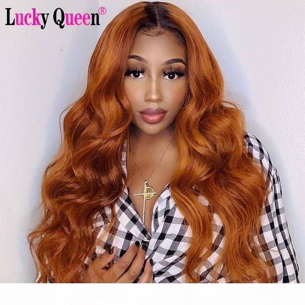 

lucky queen wigs peruvian body wave remy human hair wigs #33 color transparent lace part pre-plucked for black women, Black;brown