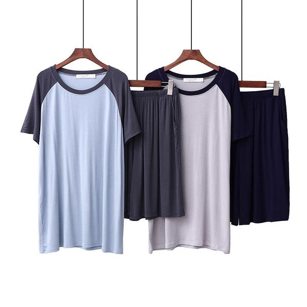

men's summer pajamas modal casual loose and comfortable shorts short-sleeve round neck color matching home service suit, Black;brown