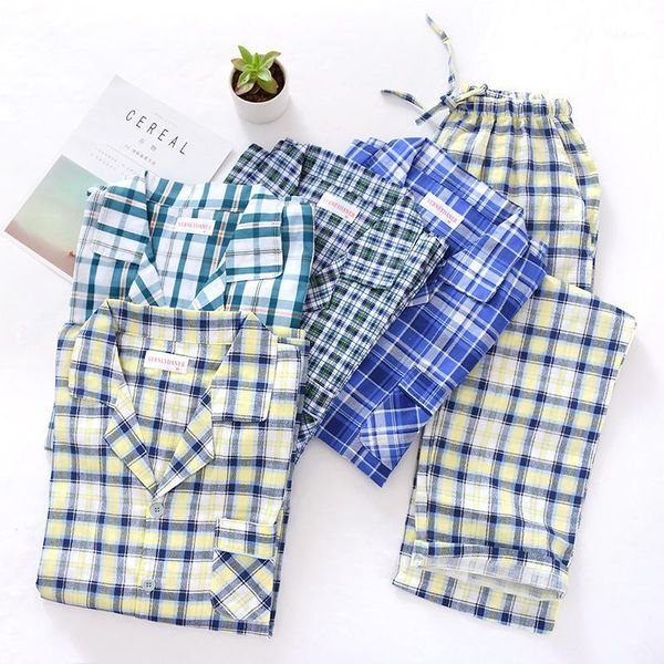 

men's cotton gauze plaid pajama suit autumn thin long sleeve nightwear turn-down collar men pijamas big size sleepwear for 100kg1, Black;brown