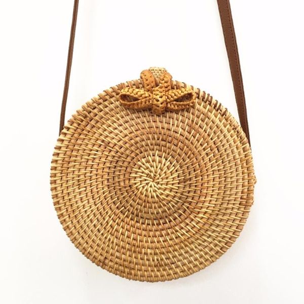 

bali rattan bags for women 2020 summer beach shoulder bag handmade woven crossbody circle bag bohemia bowknot straw handbags