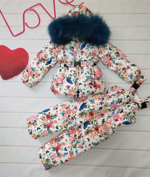 

winter children hooded warm down jackets coat kids snow wear print outerwear real raccoon dog fur collar parka down jackets 1120, Blue;gray