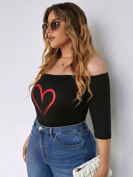 

plus heart print off shoulder tee g07p#, Black