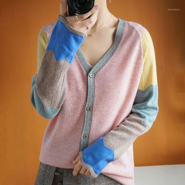 

spring new wool sweater ladies single-breasted long-sleeved color-matching v-neck knitted cardigan high-end soft cashmere swea1, White