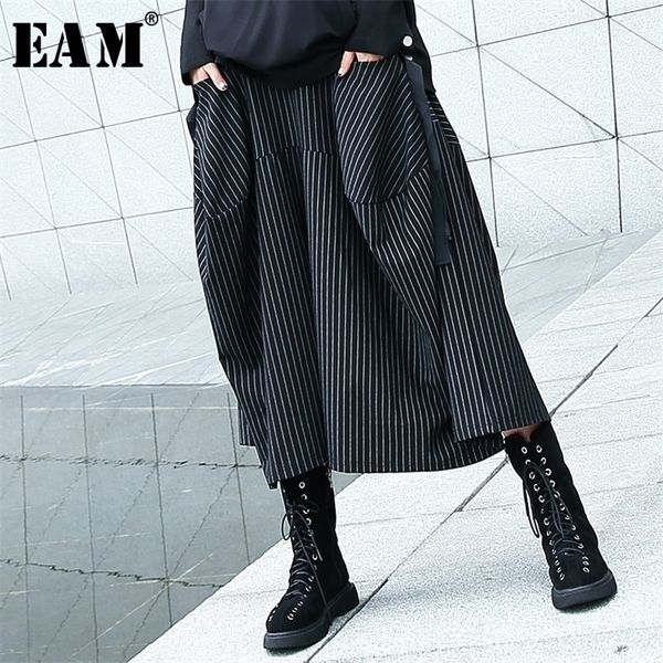 

[eam] new spring autumn high elastic waist black striped big pocket stitching wide leg pants women trousers fashion jh787 201228, Black;white