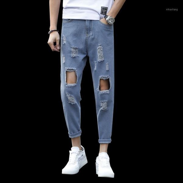 

men's jeans summer blue hole men's fashion hip hop style ankle length pants casual slim solid denim cloth pencil pants1