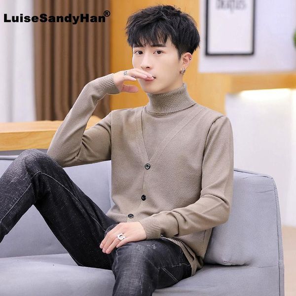 

turtleneck fake two piece stitching knitted sweater man fashion single-breasted decorative long sleeve bottoming sweater man1, White;black