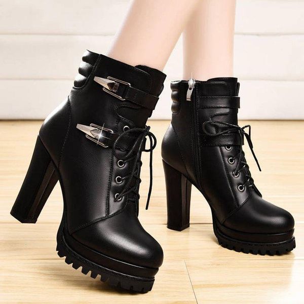 

martin boots women's chunky-heel short boots autumn & winter high-heel ankle lace-up wo lady shoes -40, Black