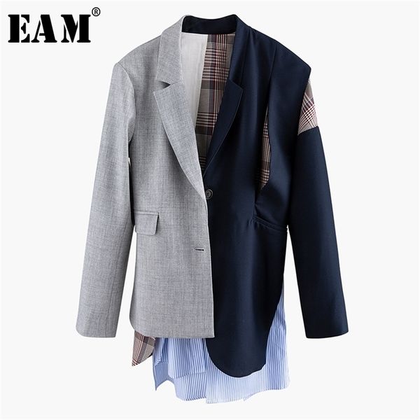 

[eam] women asymmetrical striped plaid big size blazer new lapel long sleeve loose fit jacket fashion spring autumn 2020 lj201214, White;black