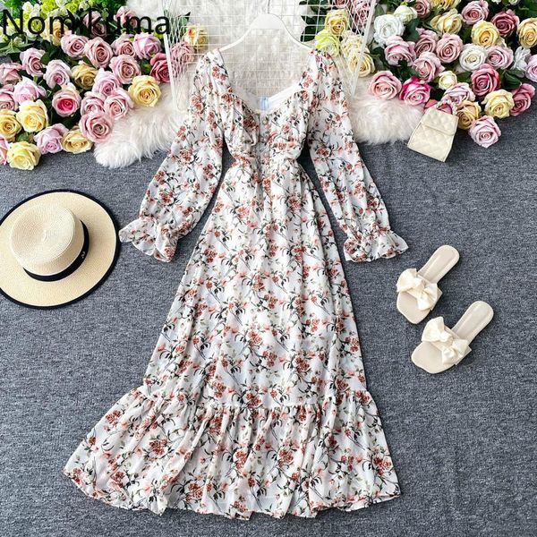 

nomikuma chiffon floral printed dress women v neck long sleeve slim waist mid calf dresses female ruffles new fashion vestidos, Black;gray