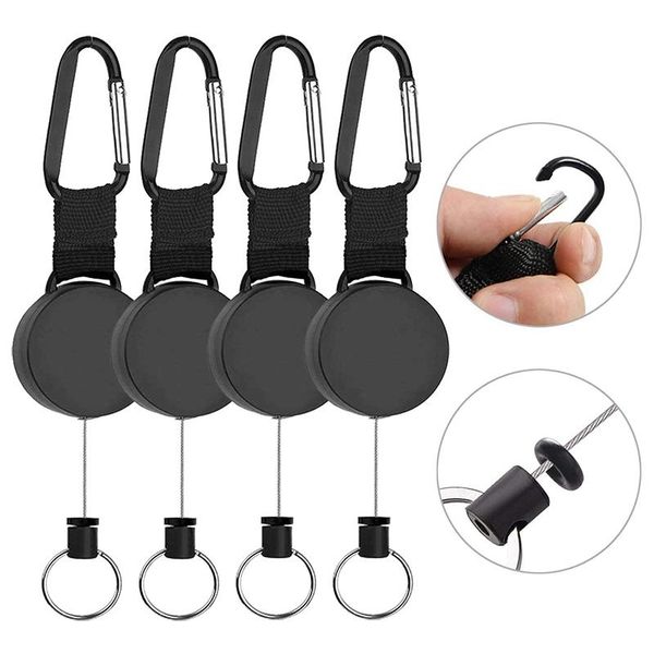 

4 pieces heavy duty retractable keychain retractable badge holder reel clip with 64cm steel wire rope, Silver