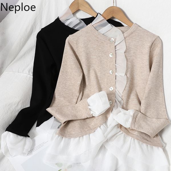 

neploe patchwork ruffles cardigan fake two knitted sweaters coat winter clothes women korean all-match sueter coat femme roupas h1211, White;black