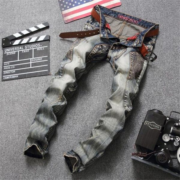 

harajuku new retro tide brand stitching fashion broken copper pants men's hip-hop slim stretch jeans, Blue