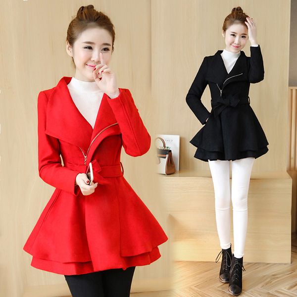 

new women's long autumn and winter slimming waist slim temperament wild small fragrant skirt swing woolen coat, Black