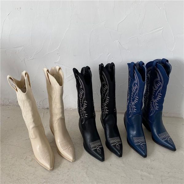 

boots monmoira geometric emborider western cowboy women wood heel patchwork denim winter shoes pointed toe high, Black