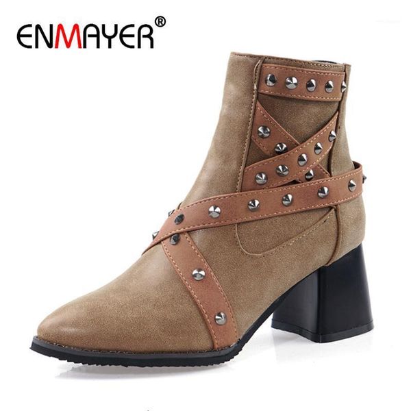 

enmayer rivet square heel zip microfiber motorcycle boots pointed toe pu solid polyurethane metal decoration plush winter boots1, Black