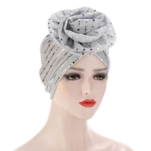 

beanie/skull caps 2021 fashion shiny big flower silk turban cap winter hat for women muslim india head wrap cover ladies, Blue;gray