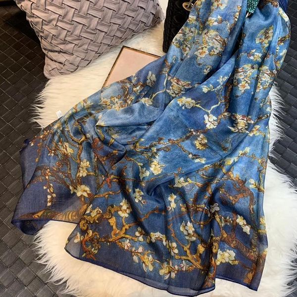 

bysifa] ultralarge spring autumn silk scarf wraps brand female long scarf cape fashion new design lace pattern blue silk scarf 201103, Blue;gray