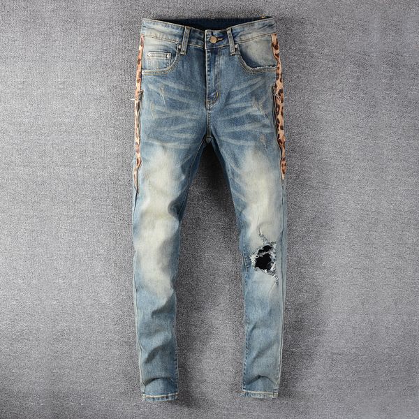 

2021 new fashion streetwear retro blue slim fit destroyed ripped patchwork designer hip hop jeans men biker pants ec0q