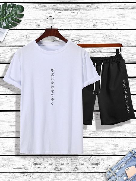 

men japanese letter graphic tee & drawstring waist shorts d8lu#, Gray